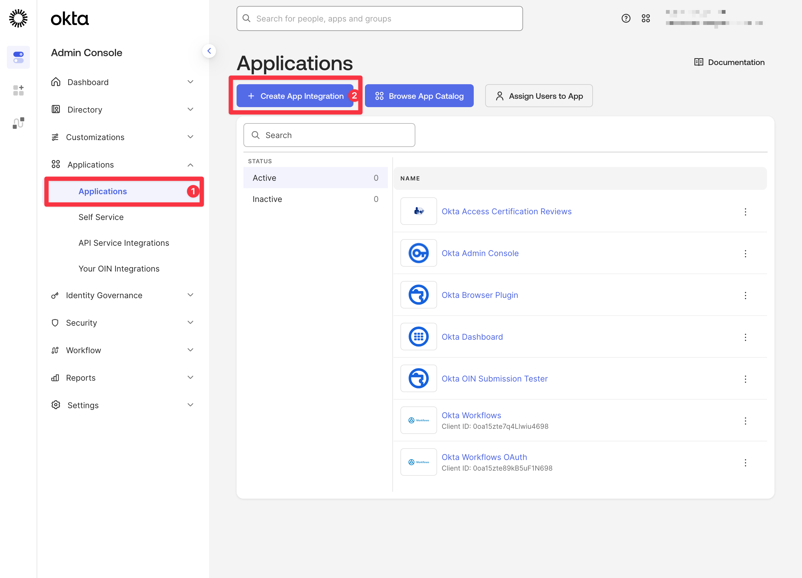 Okta Admin Console, Applications page with the Create App integration button