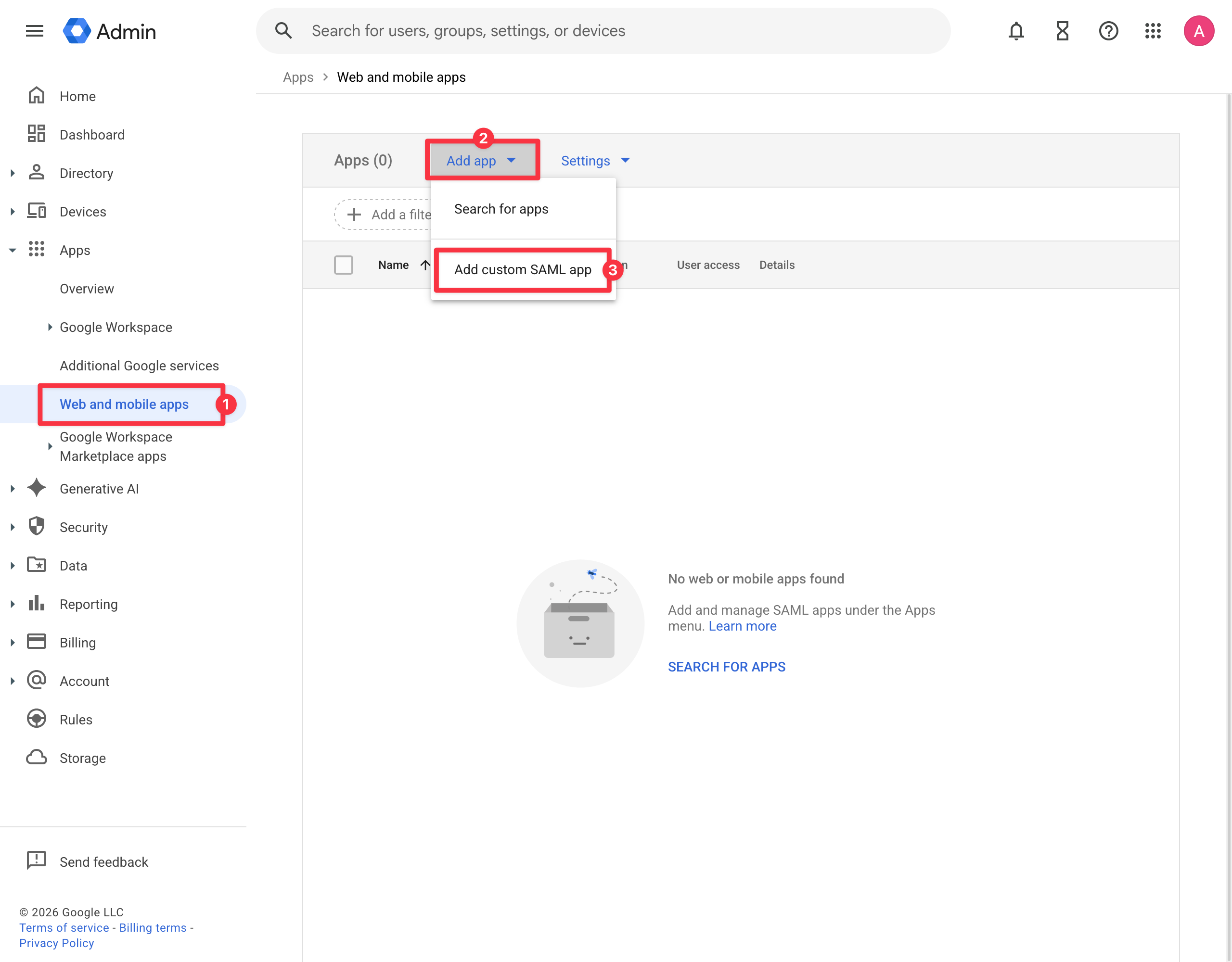 Google Admin Console, Web and mobile apps page with the Add app dropdown