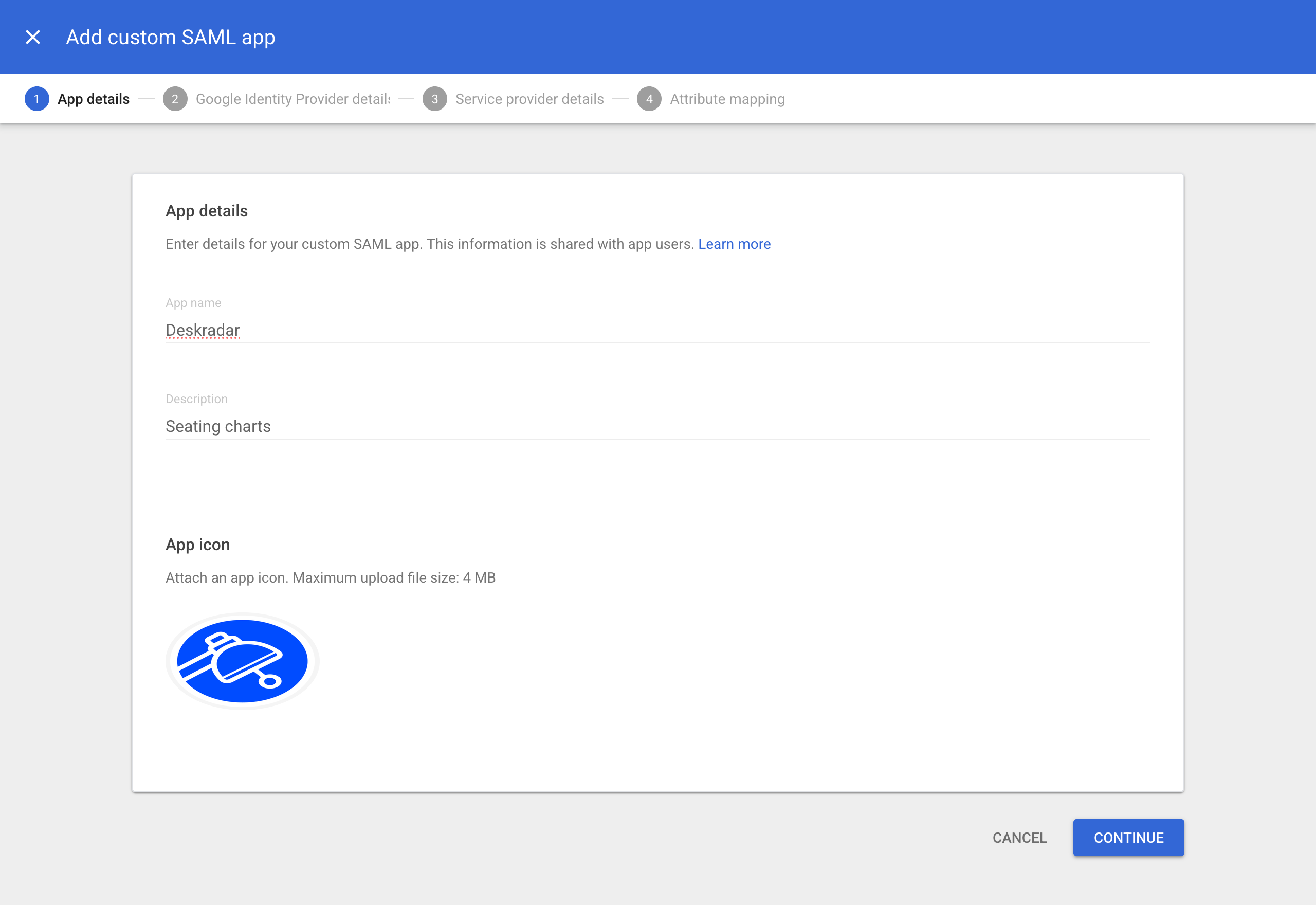 Add custom SAML app wizard, App details step