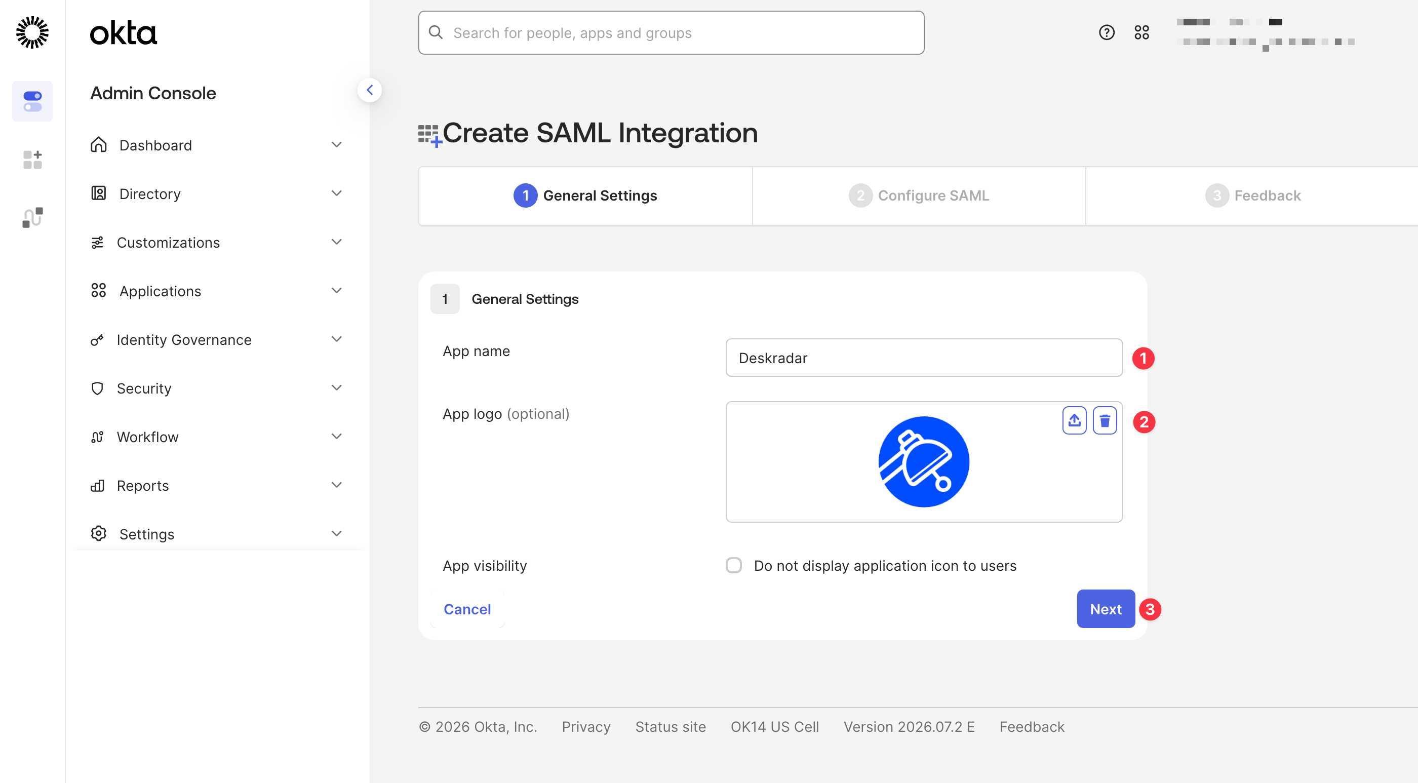 Create SAML Integration wizard, General Settings step