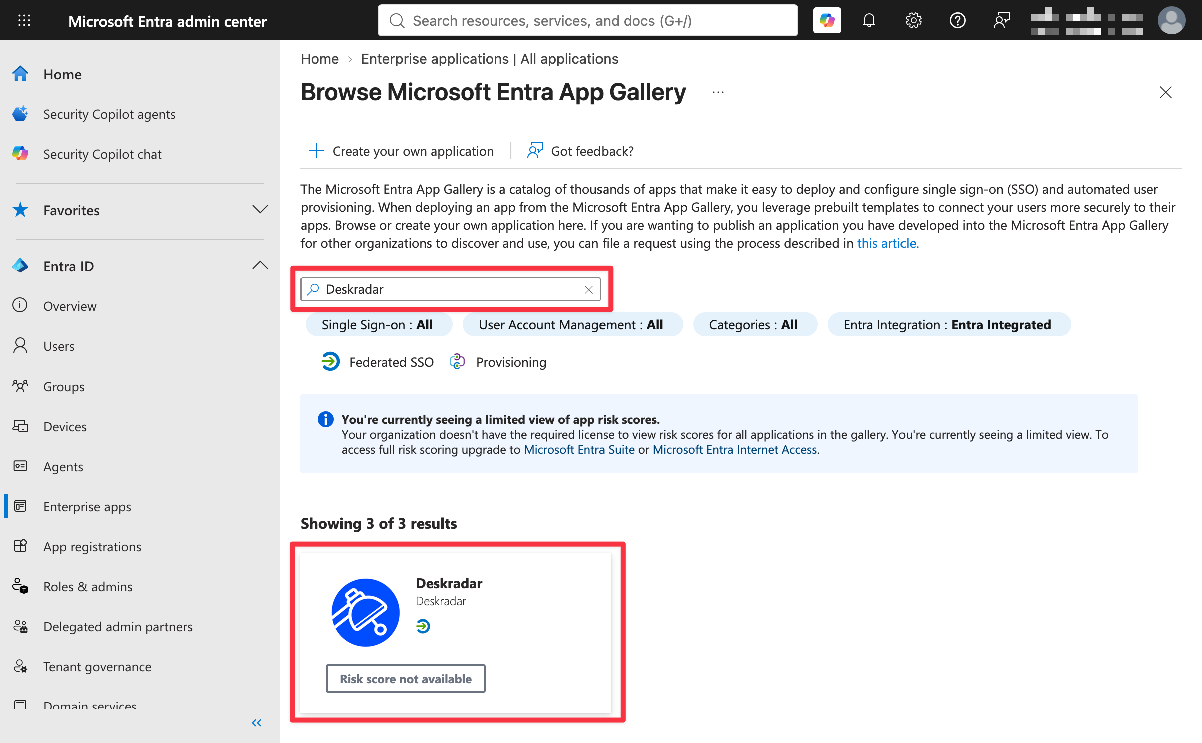 Enterprise applications page with New application highlighted