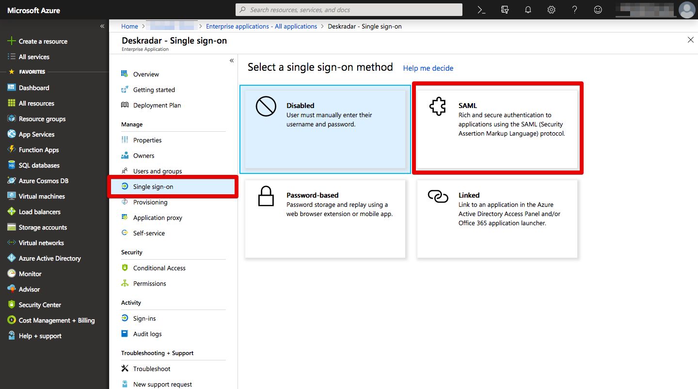Select SAML as single sign-on method