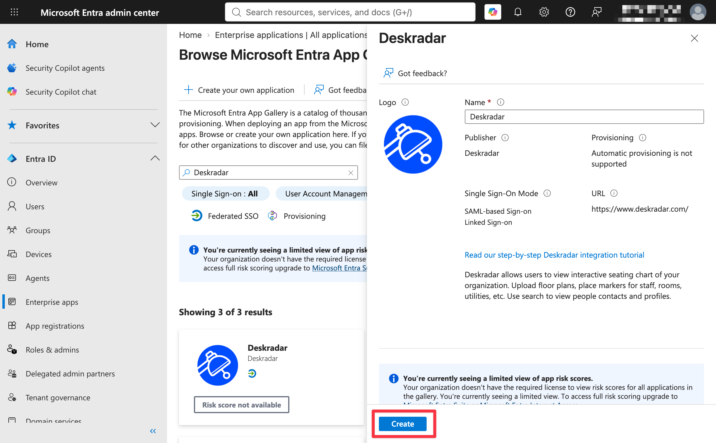 Deskradar tile in the Microsoft Entra App Gallery