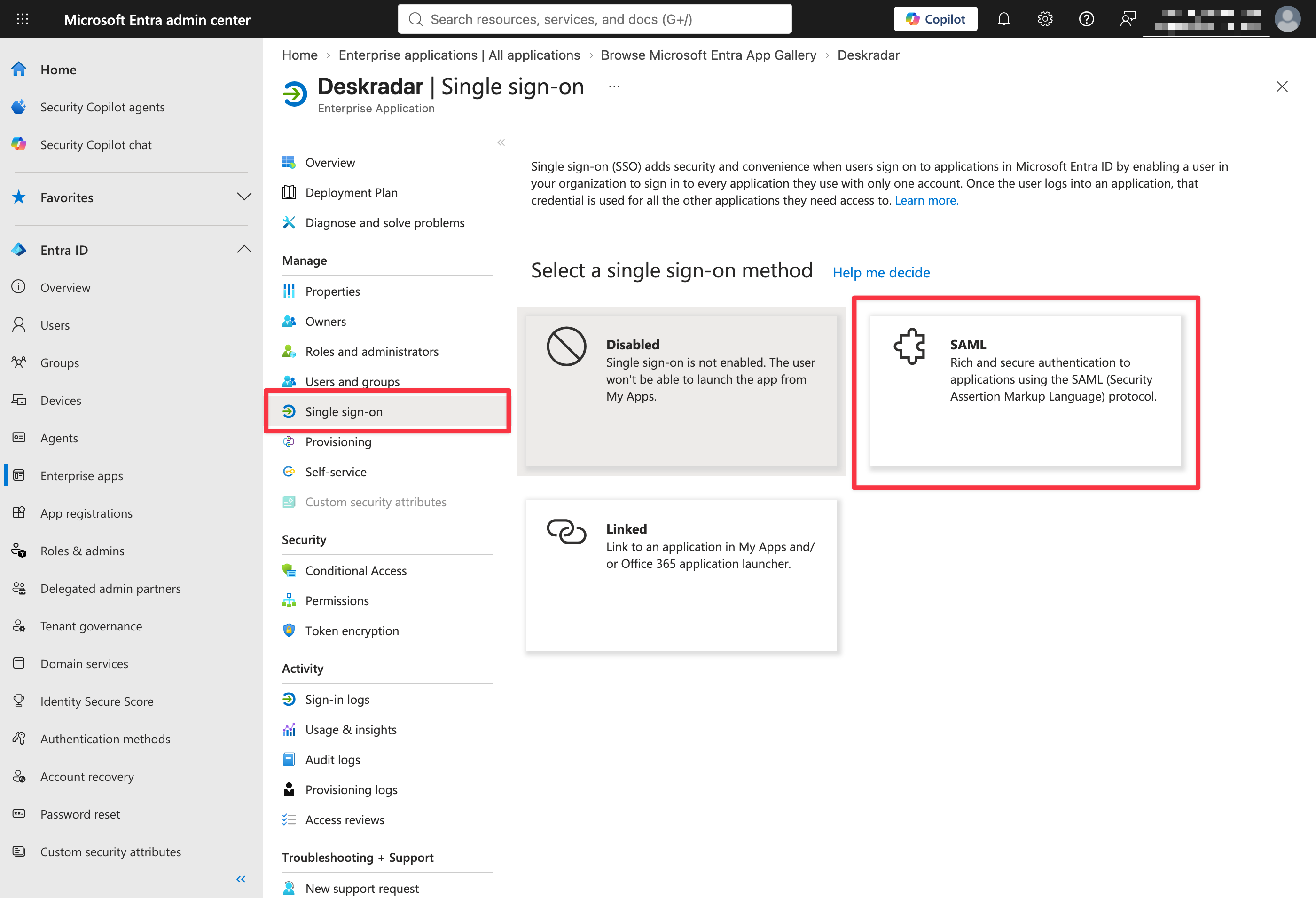 Select a single sign-on method, with Single sign-on and the SAML tile highlighted