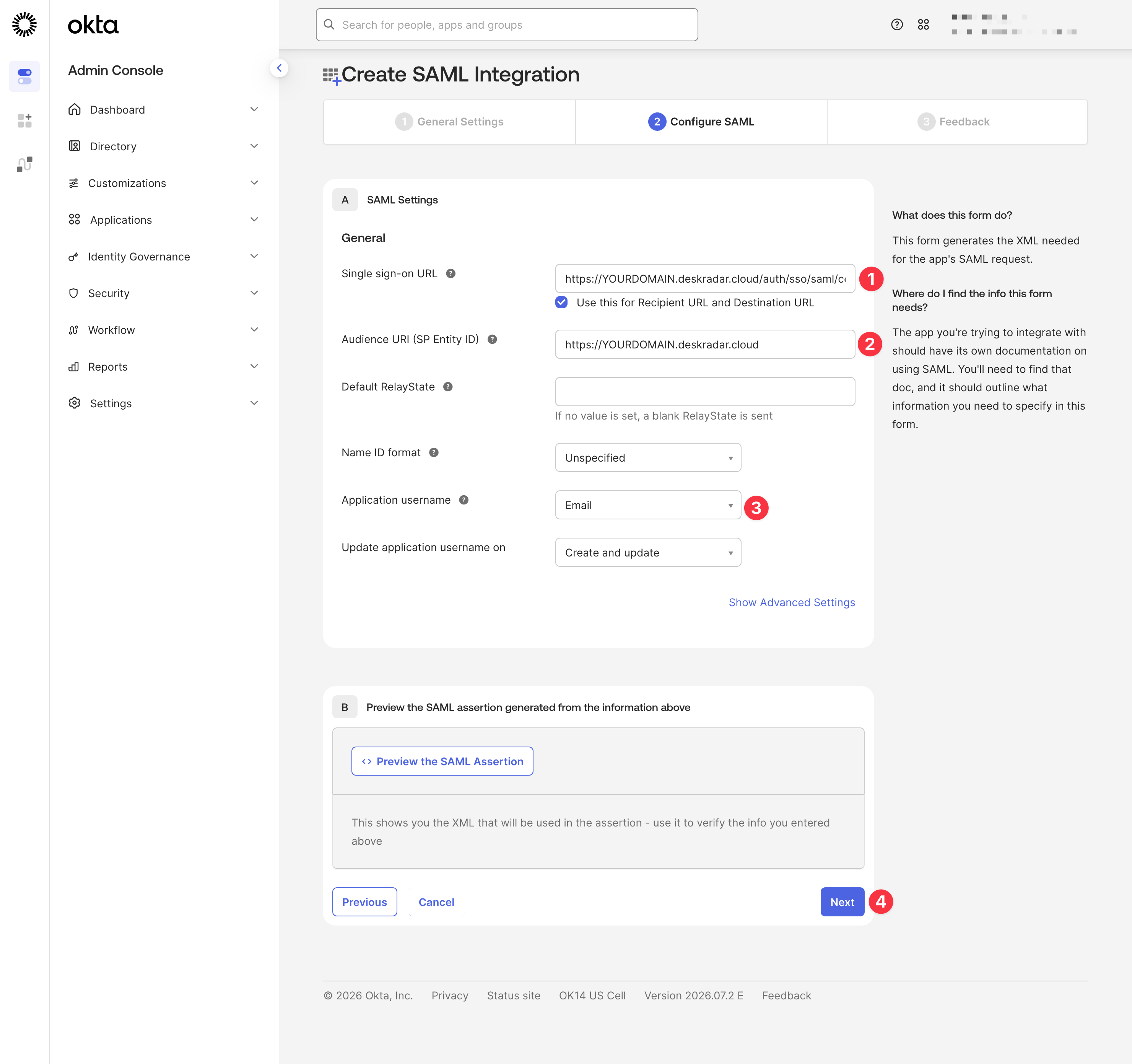 Create SAML Integration wizard, Configure SAML step with the SAML Settings form
