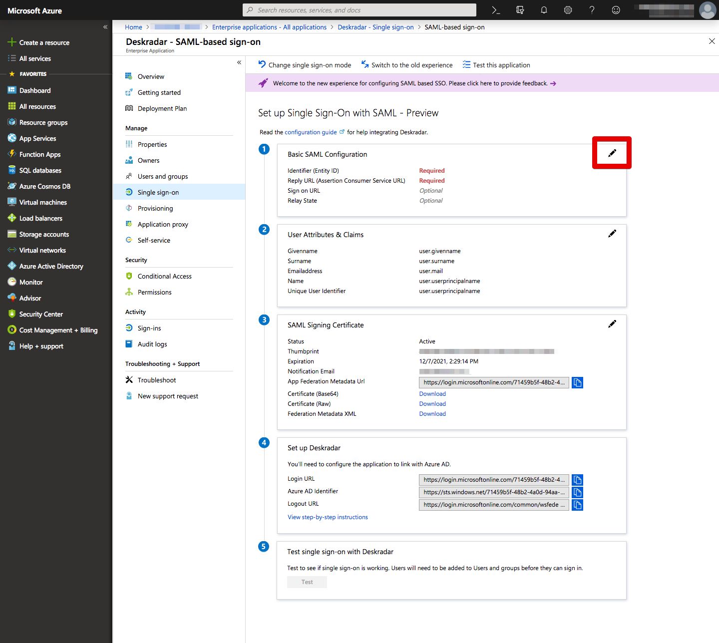 Click Edit icon on Basic SAML Configuration