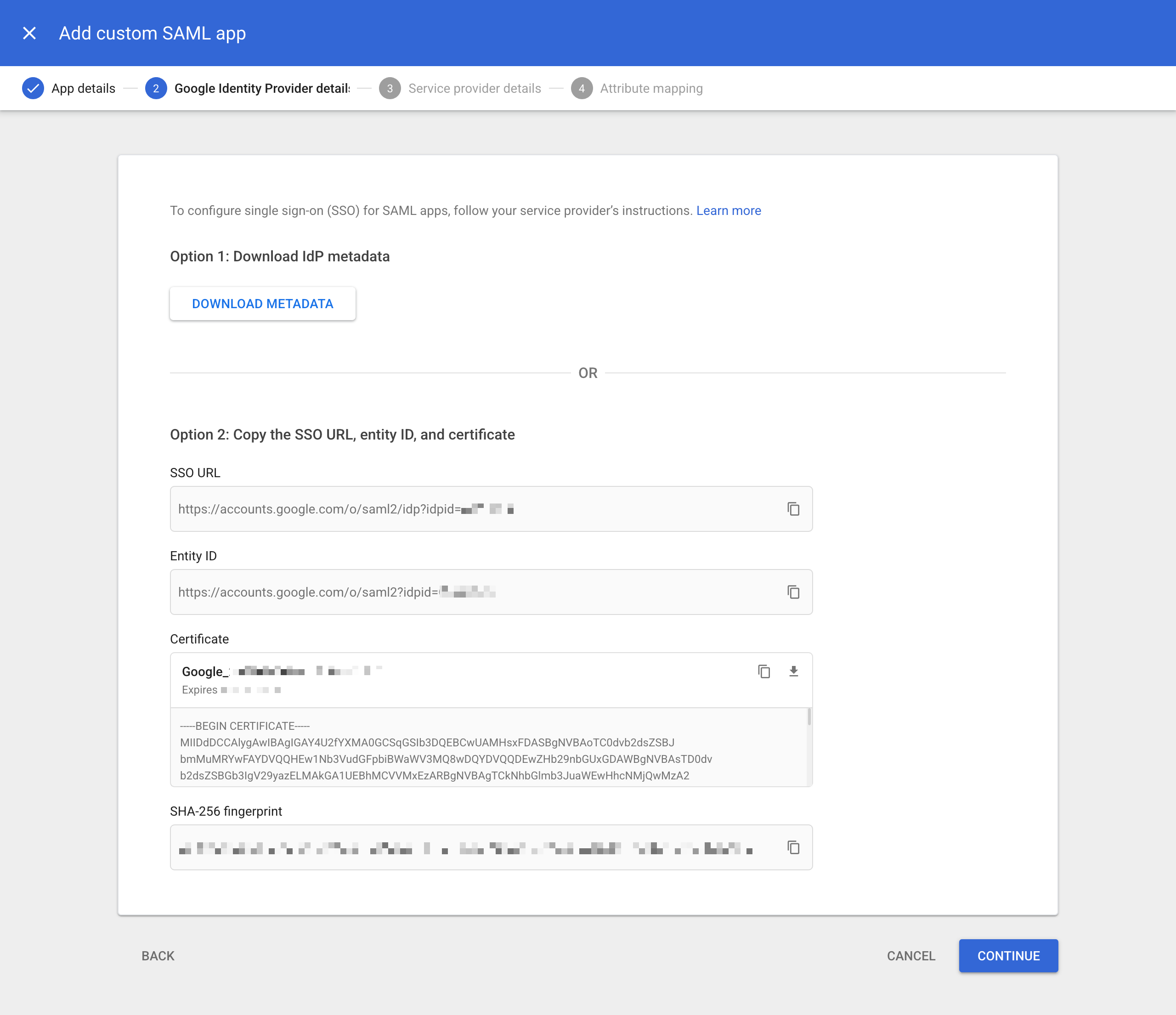 Add custom SAML app wizard, Google Identity Provider details step