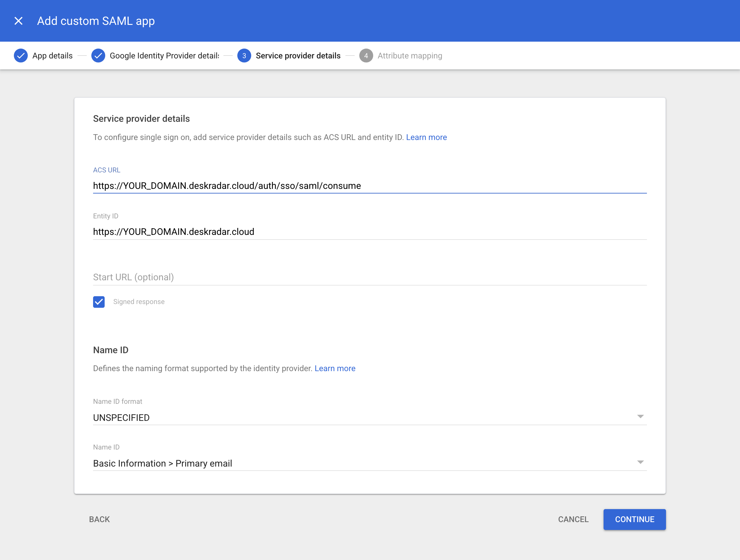 Add custom SAML app wizard, Service provider details step with ACS URL and Entity ID filled in