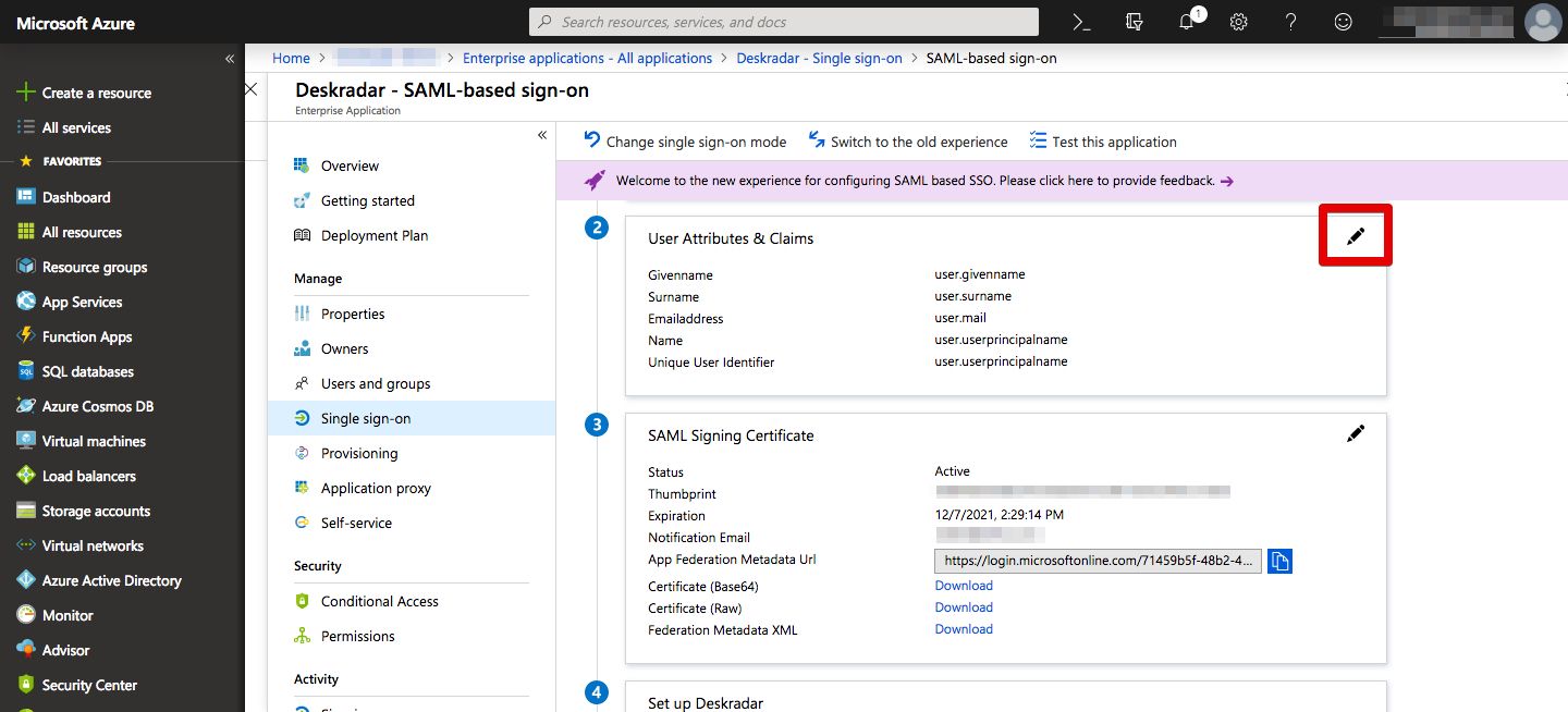 Click Edit icon on User Attributes & Claims section
