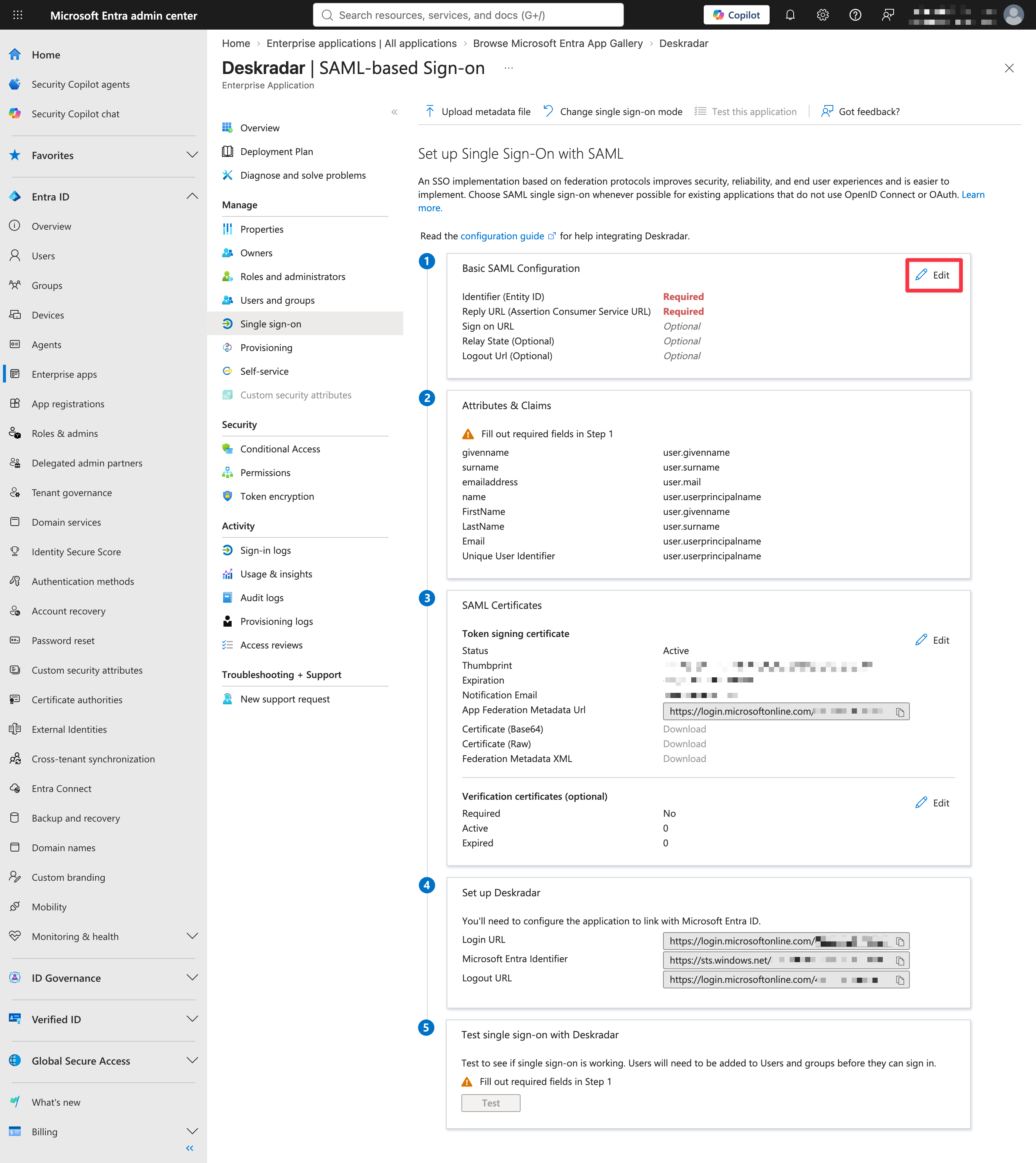 Set up Single Sign-On with SAML page, with the Basic SAML Configuration Edit link highlighted