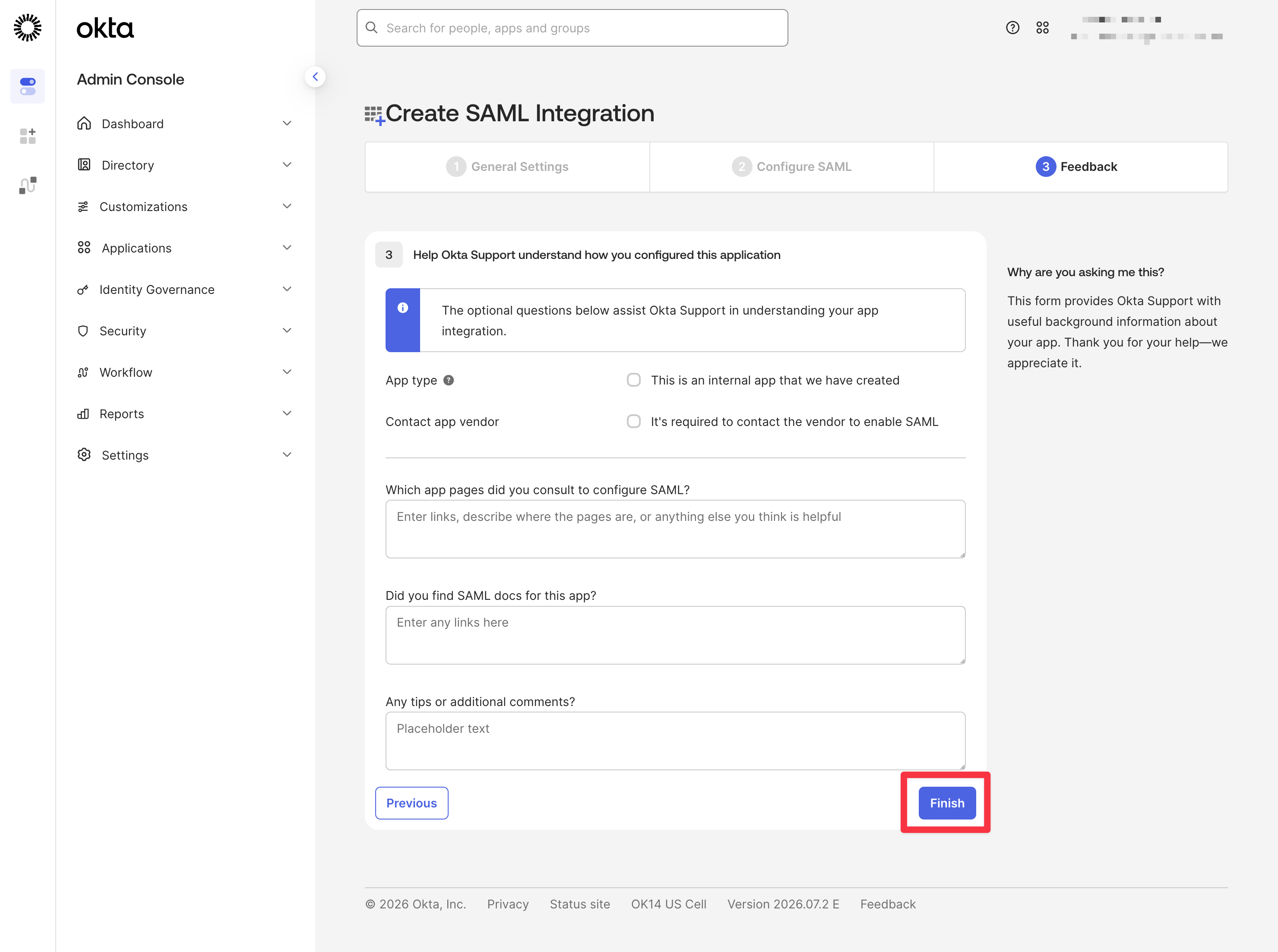 Create SAML Integration wizard, Feedback step