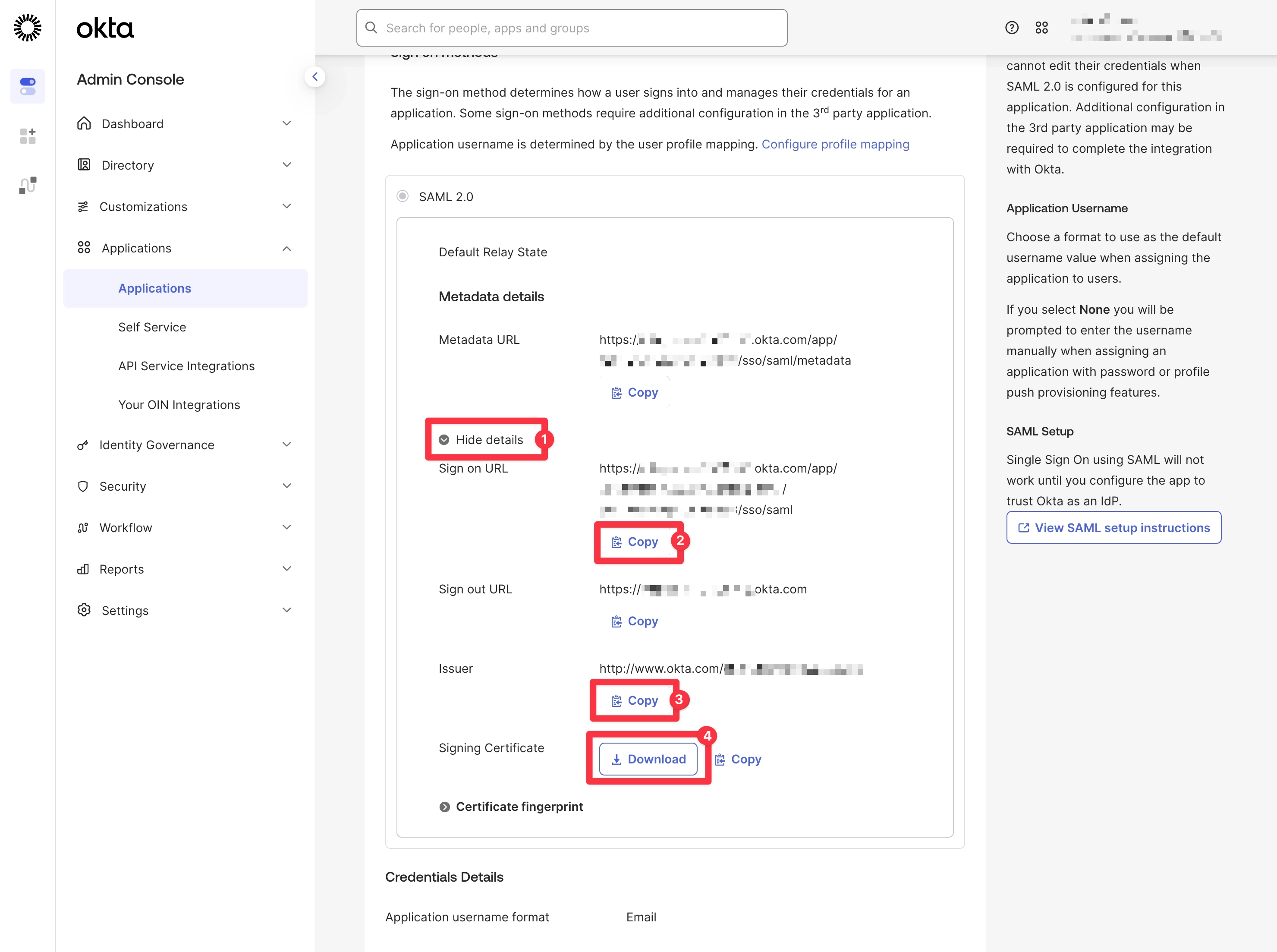 Okta application Sign On tab with the SAML signing certificate details