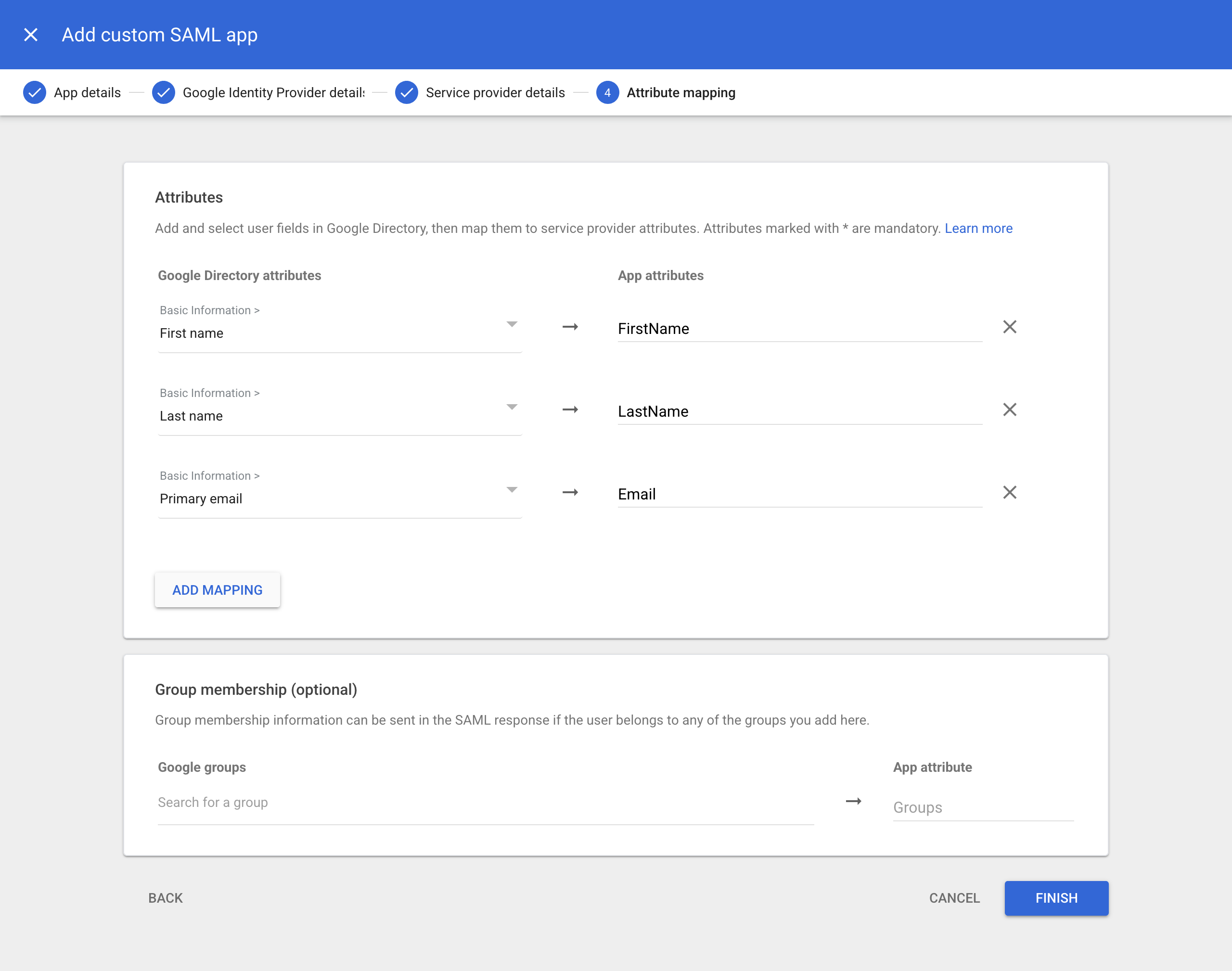 Add custom SAML app wizard, Attribute mapping step with three mappings configured