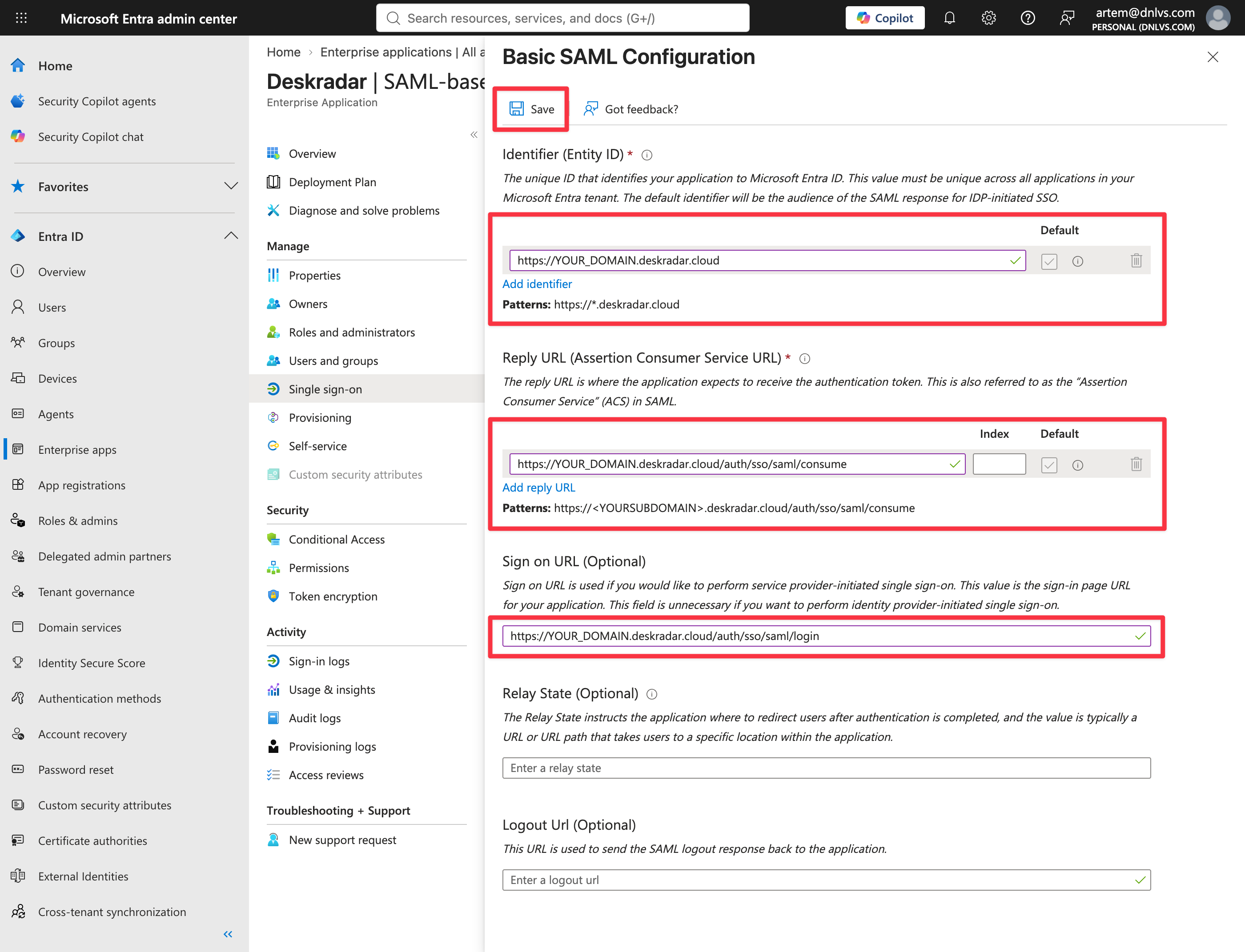 Basic SAML Configuration panel