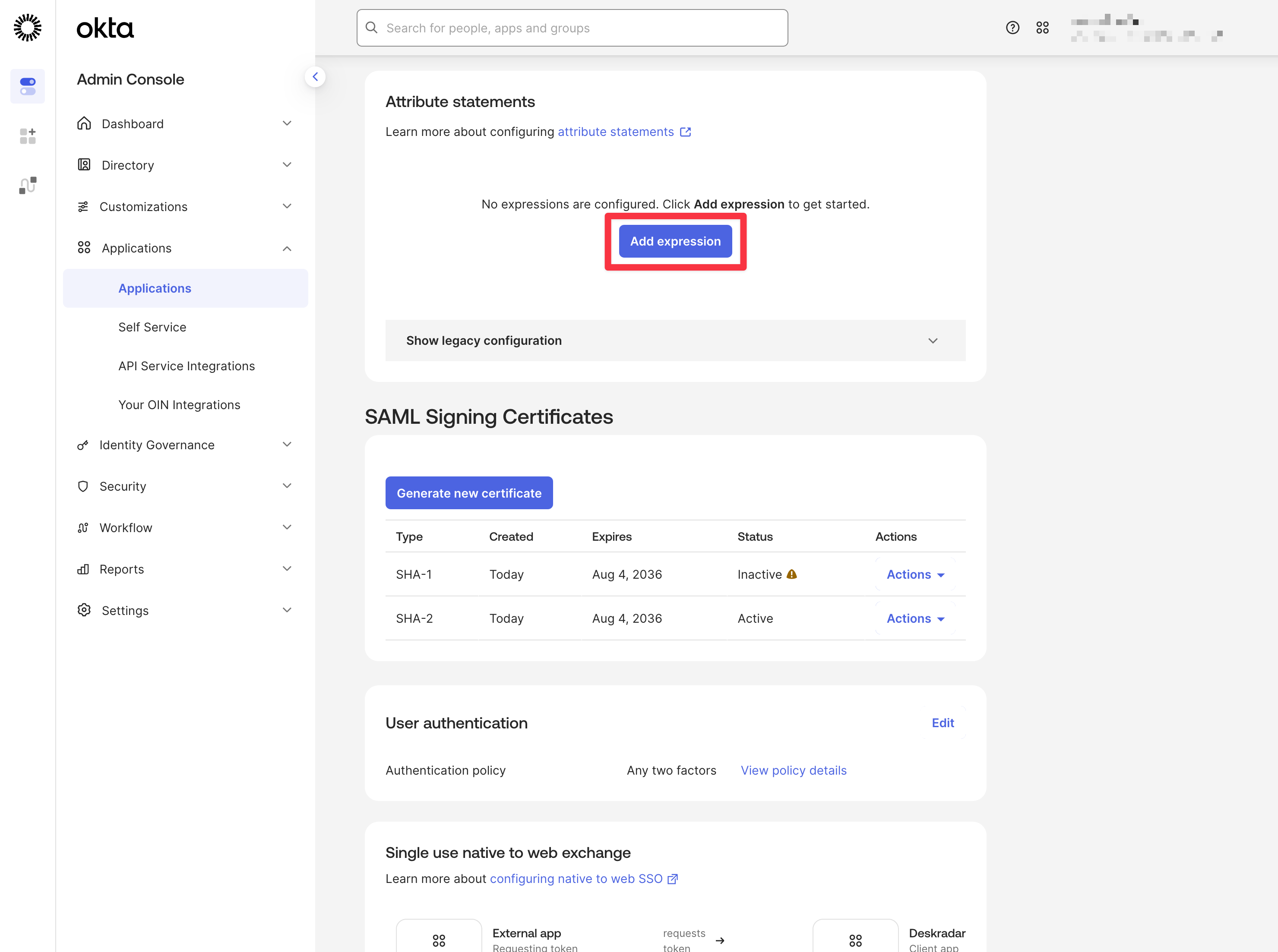Okta application SAML settings with the Attributes section