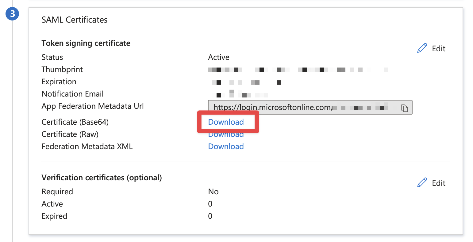 SAML Certificates section, with the Certificate (Base64) Download link highlighted