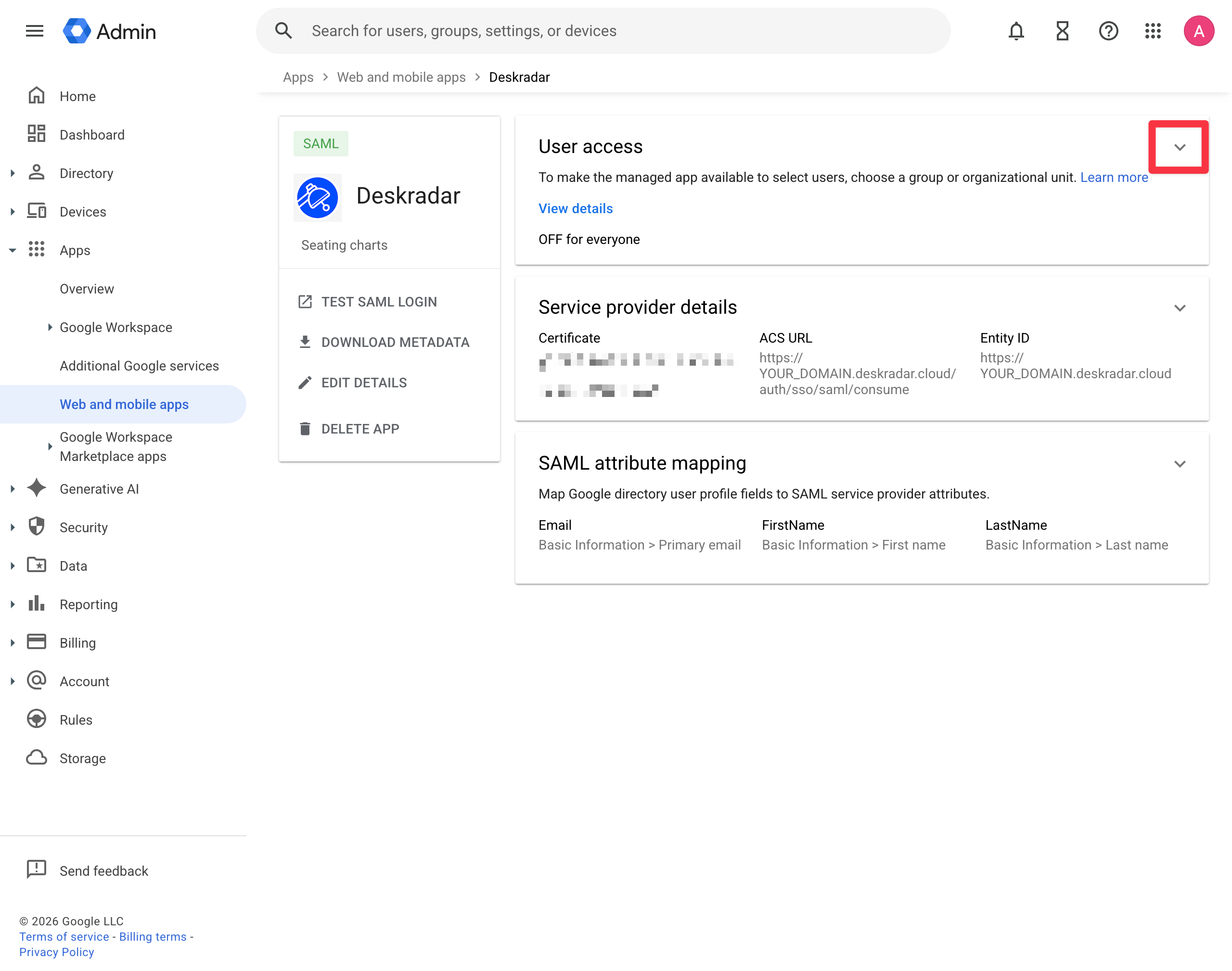 Deskradar app settings in the Google Admin Console with the User access box