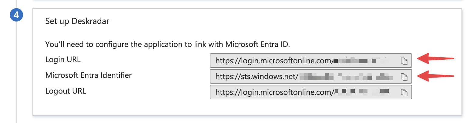 Set up Deskradar section, with Login URL and Microsoft Entra Identifier marked