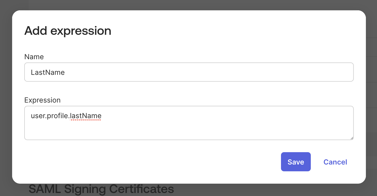 Add expression dialog with Name LastName and expression user.profile.lastName