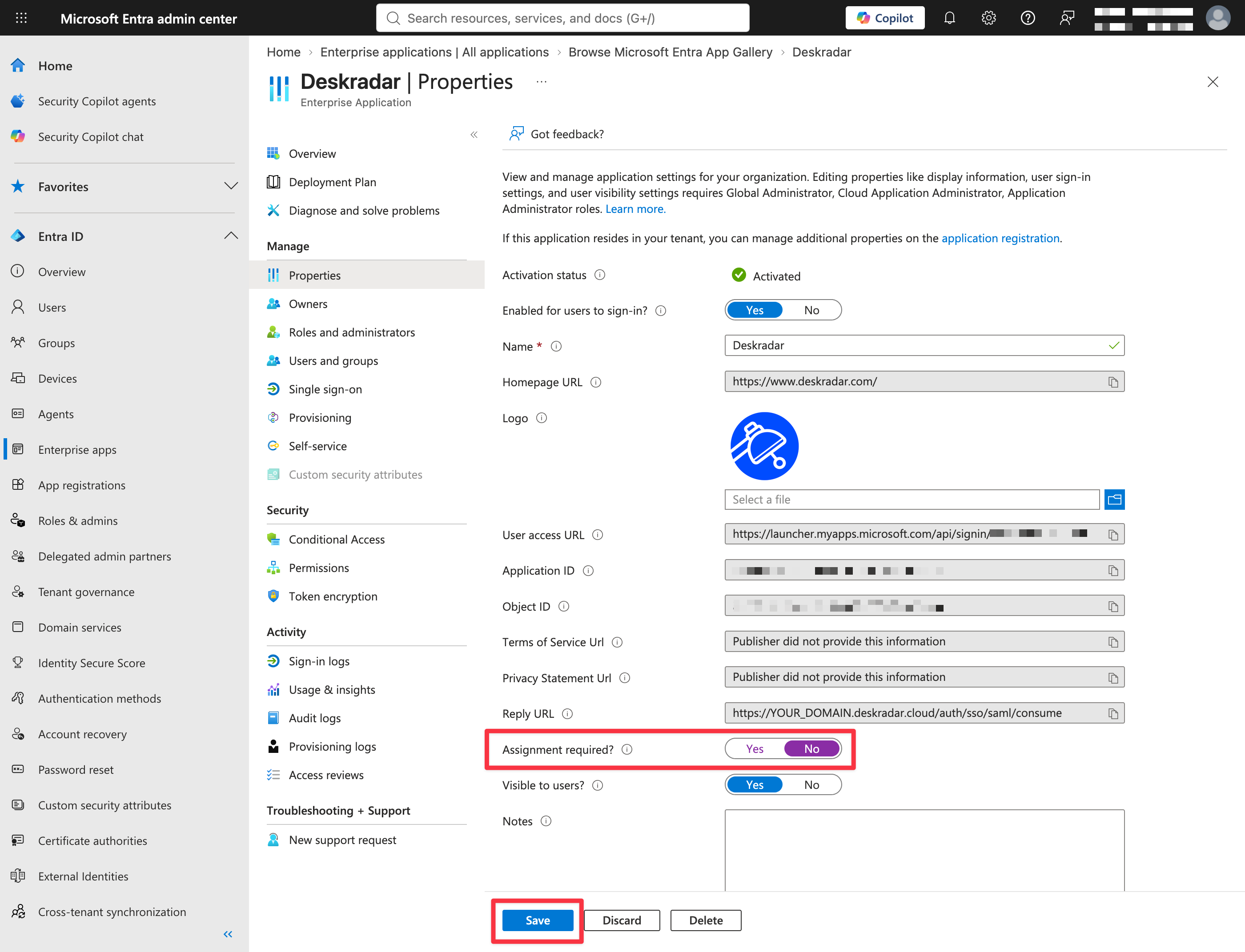 Enterprise application properties with the User assignment required setting