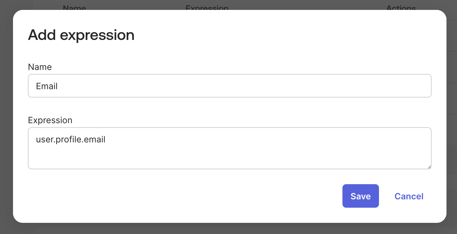 Add expression dialog with Name Email and expression user.profile.email