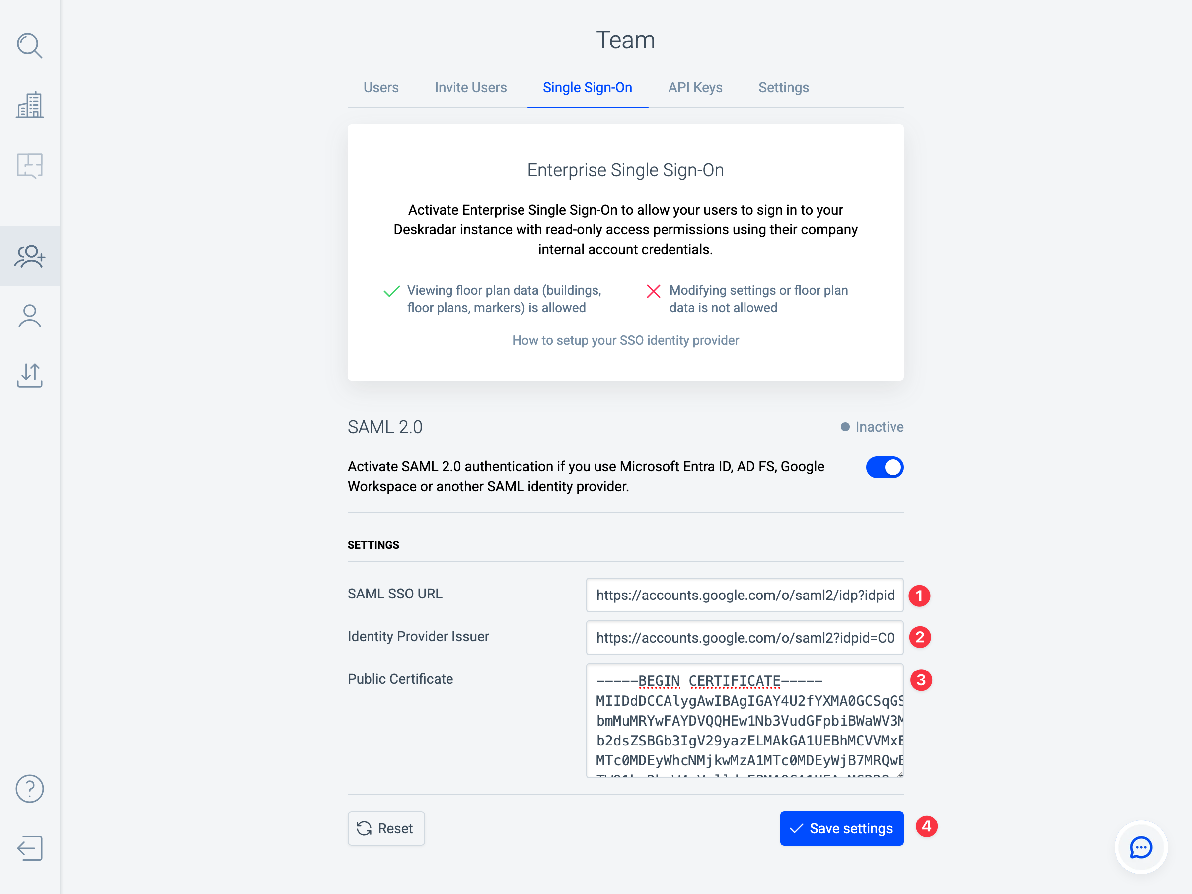 Deskradar Team page, Single Sign-On tab with SAML 2.0 settings