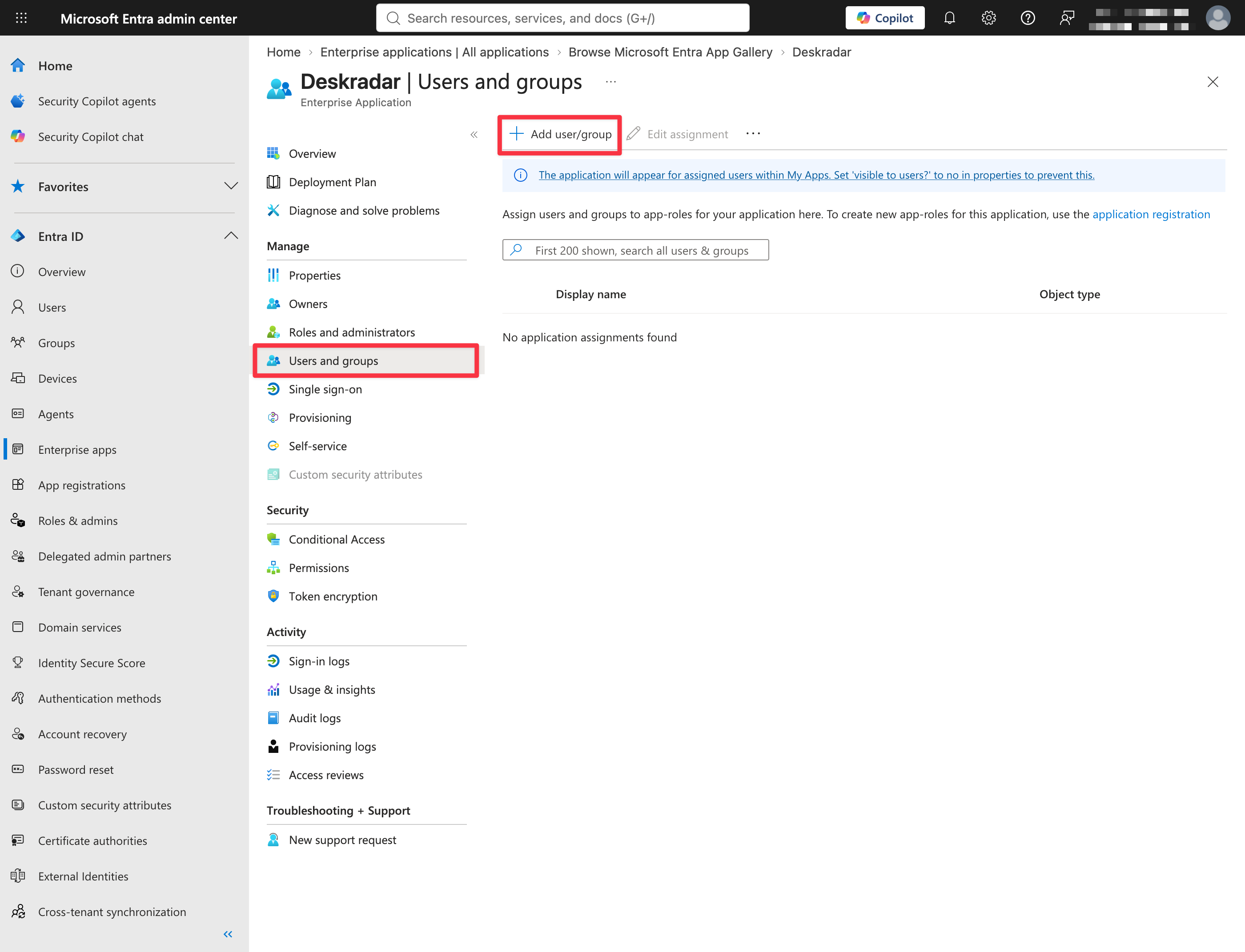 Users and groups page with the Add user/group button