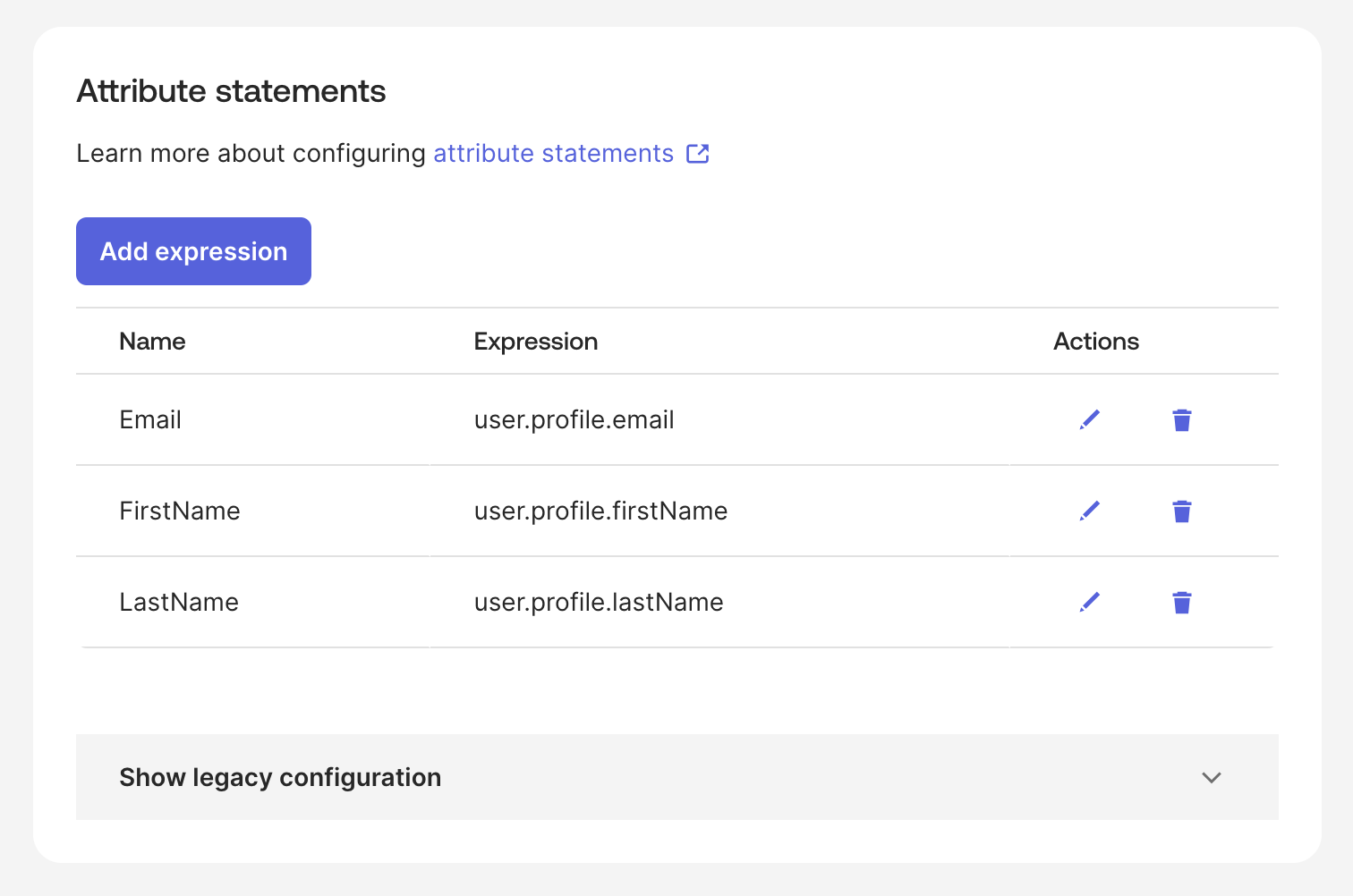 Attribute statements section listing the three saved expressions