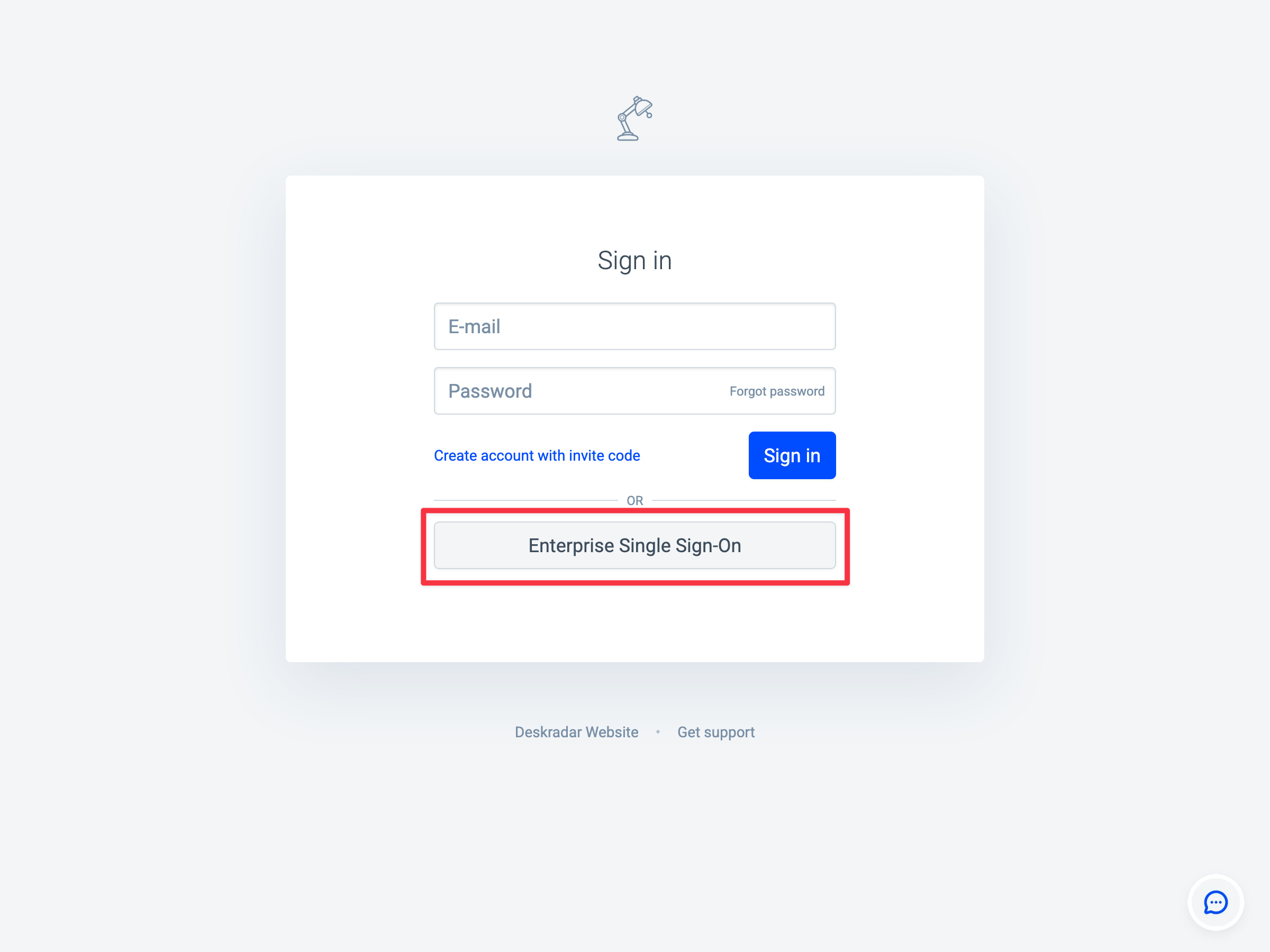 Enterprise Single Sign-On button on the Deskradar login view