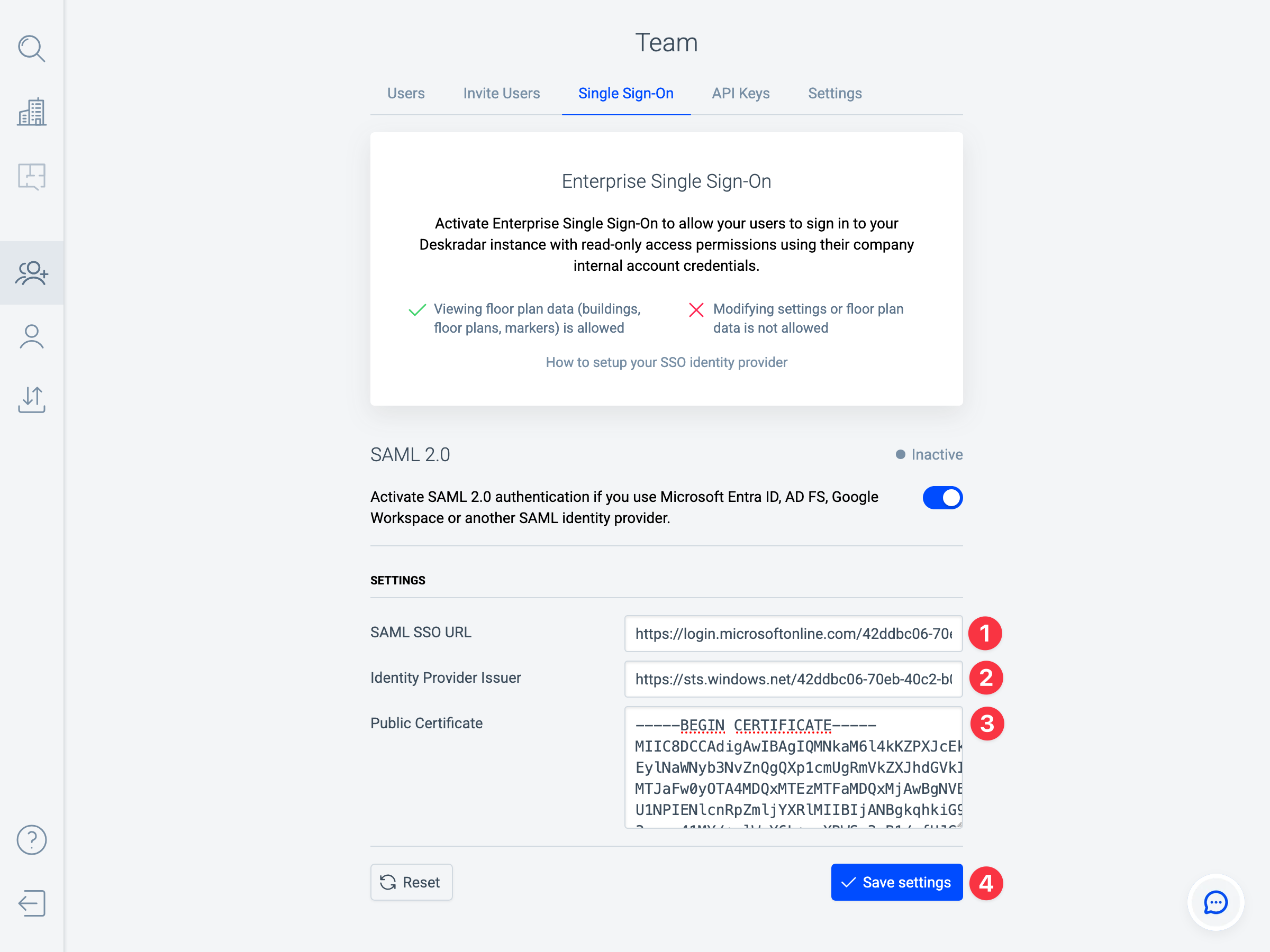 Deskradar Team page, Single Sign-On tab with SAML 2.0 settings