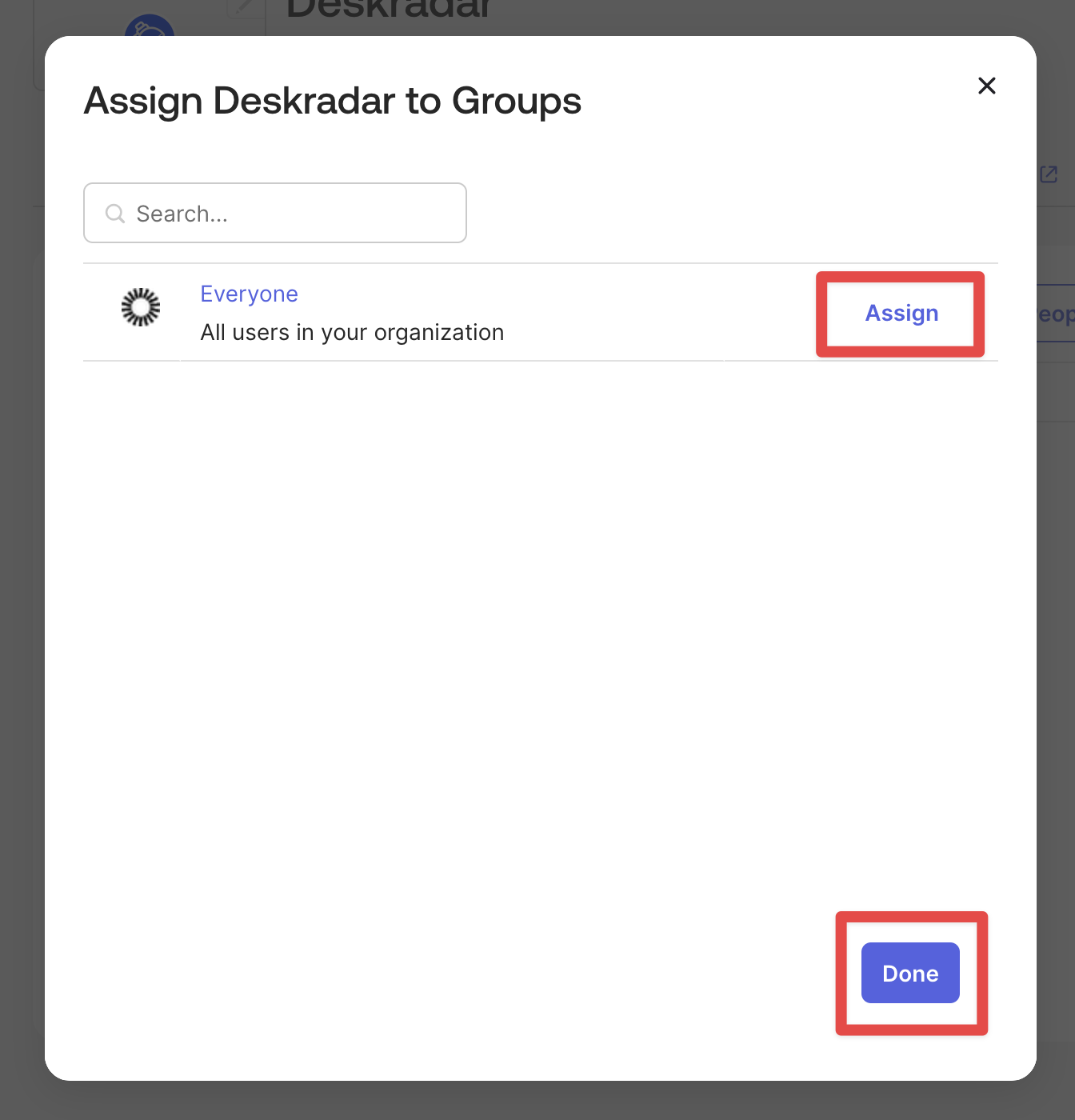 Assign to Groups dialog with the Everyone group