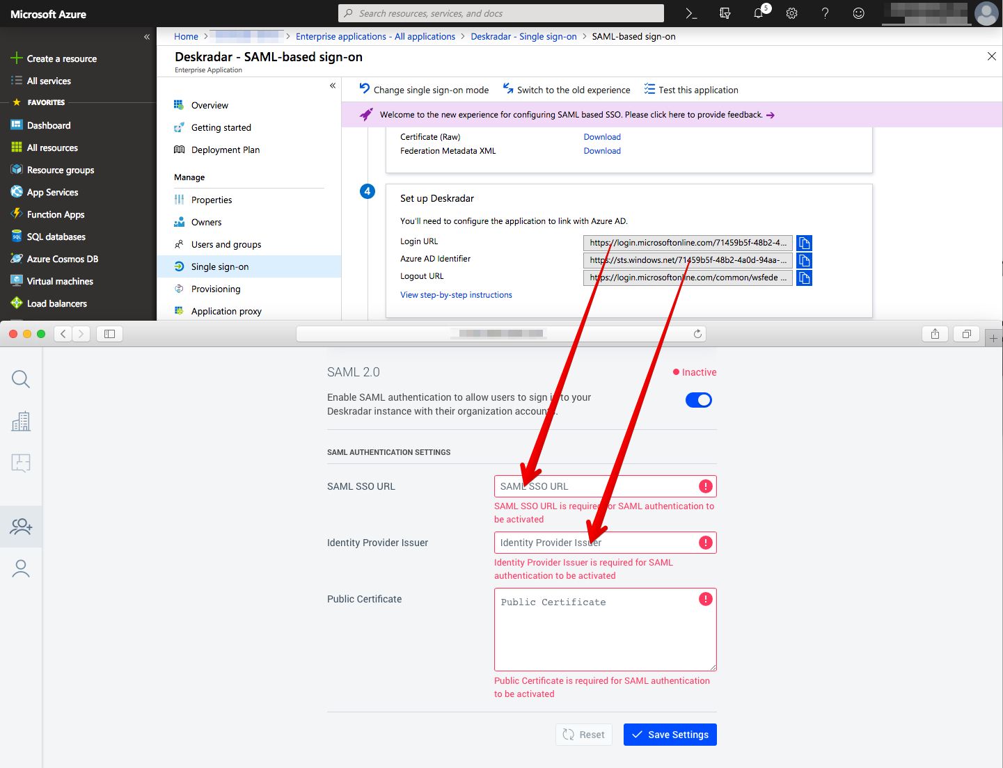 Deskradar SSO configuration page