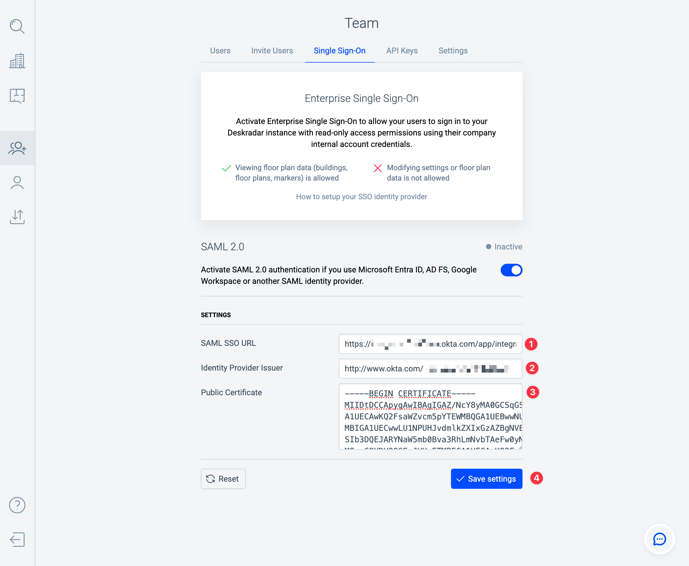 Deskradar Team page, Single Sign-On tab with SAML 2.0 settings