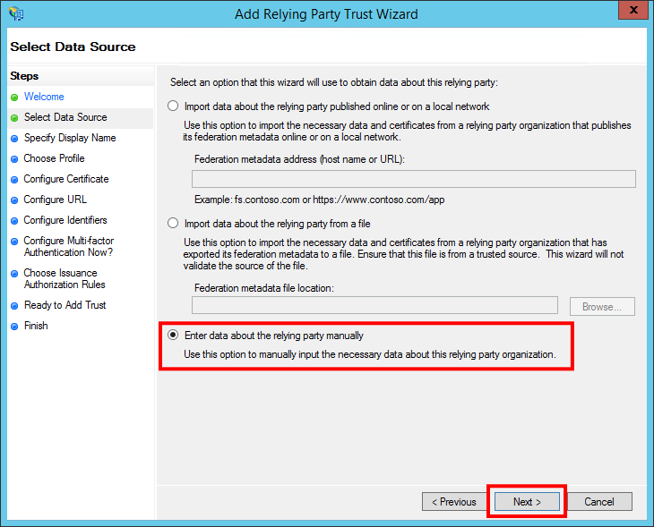 Add Relying Party Trust Wizard - Select Data Source