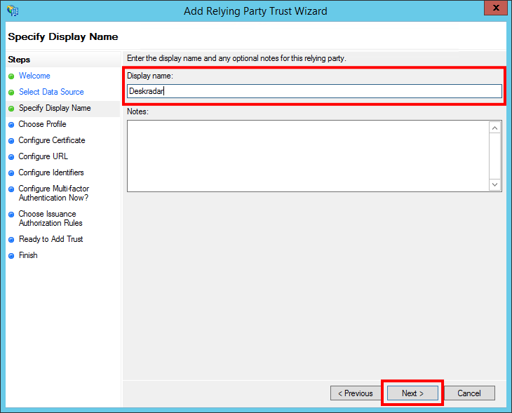 Add Relying Party Trust Wizard - Specify Display Name