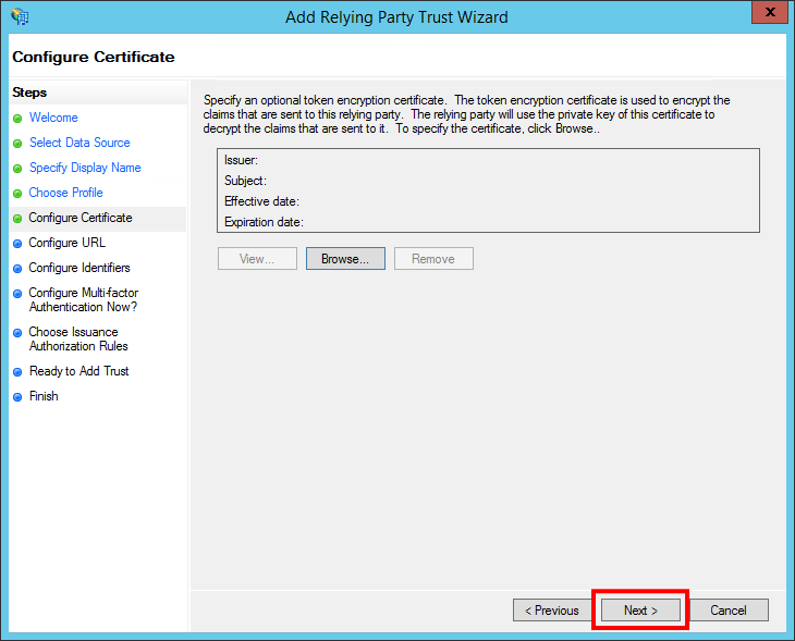 Add Relying Party Trust Wizard - Configure Certificate