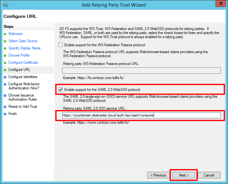 Add Relying Party Trust Wizard - Configure URL