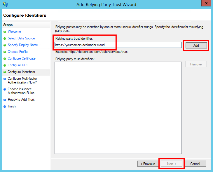 Add Relying Party Trust Wizard - Configure Identifiers