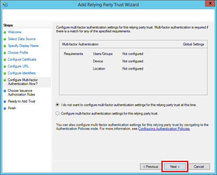 Add Relying Party Trust Wizard - Multi-factor Authentication