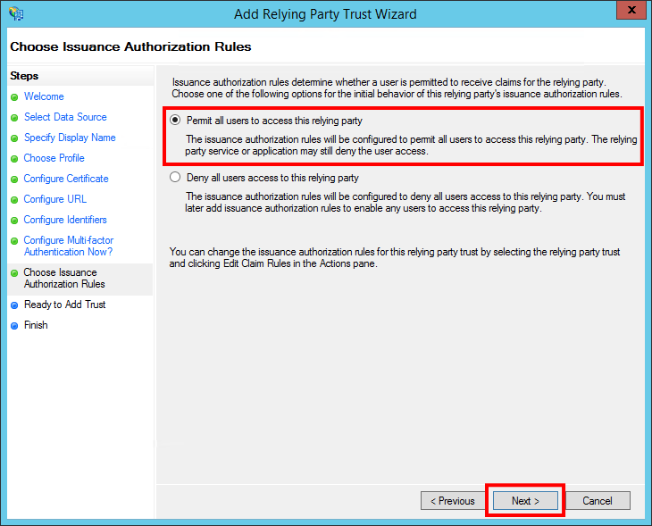 Add Relying Party Trust Wizard - Authorization