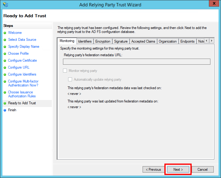 Add Relying Party Trust Wizard - Ready