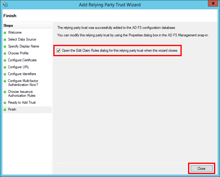Add Relying Party Trust Wizard - Finish